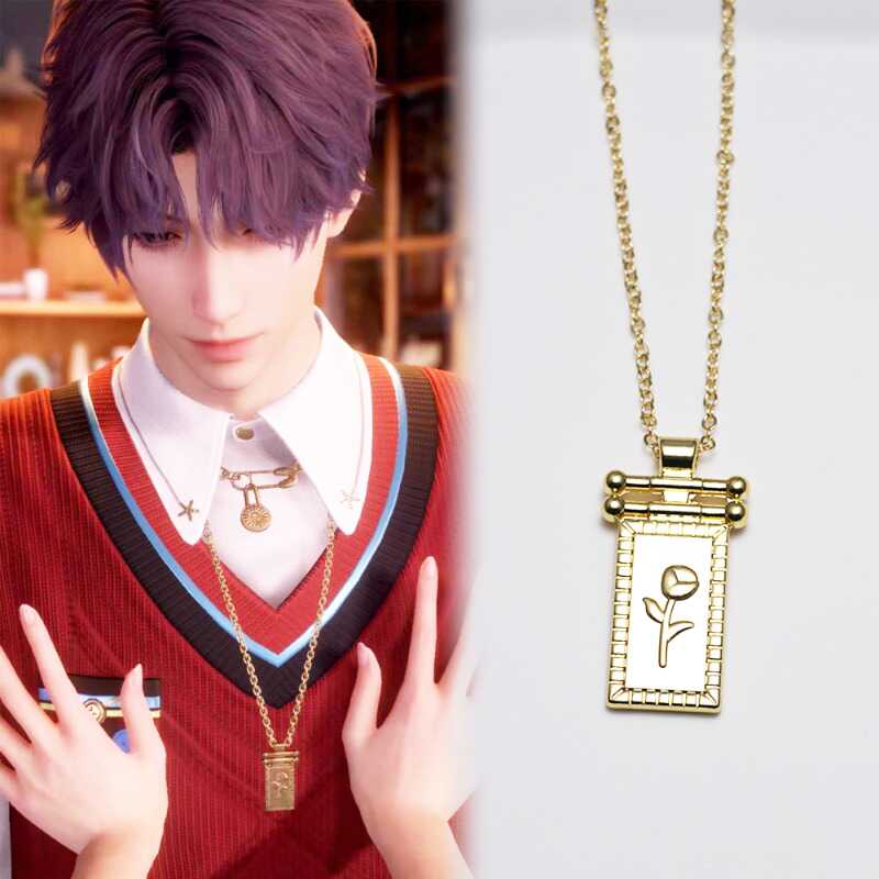 恋与深空项链祁煜同款乙女游戏玫瑰花方牌吊坠潮流男女cos饰品 - 图0