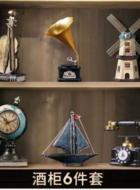 热销客厅装饰品复古小摆件美式酒柜电视柜玄关工艺品红酒架柜子咖