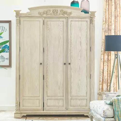 美式复古衣柜橡木实木法式白色做旧卧室大衣柜四门衣橱柜储藏 - 图0