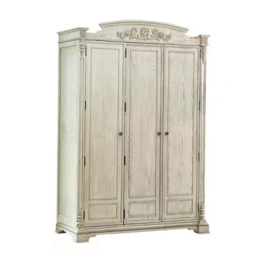 美式复古衣柜橡木实木法式白色做旧卧室大衣柜四门衣橱柜储藏 - 图1