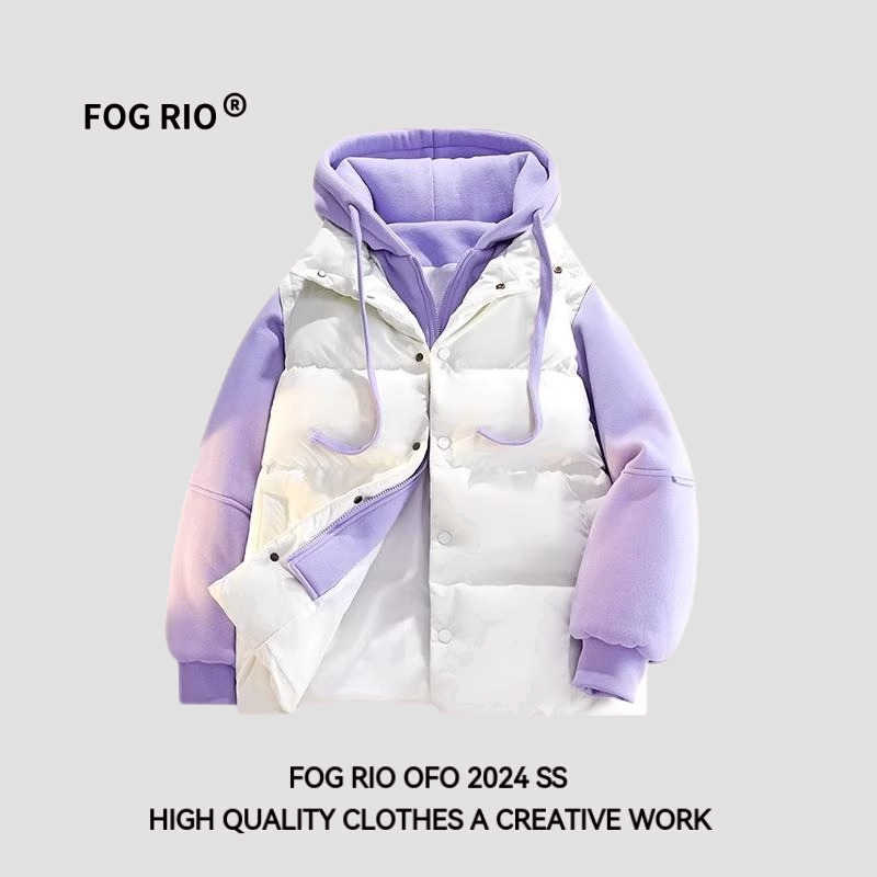 FOG RIO假两件羽绒棉服男女冬季新款宽松连帽外套情侣棉衣潮牌