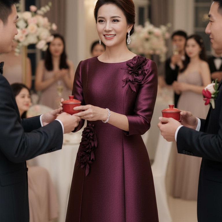 2025秋冬新款高贵酒红立体花喜妈妈婚宴礼服优雅A字裙 宴会礼服裙 - 图1