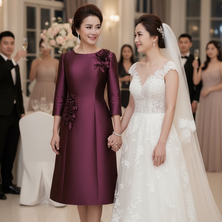 2025秋冬新款高贵酒红立体花喜妈妈婚宴礼服优雅A字裙 宴会礼服裙 - 图2