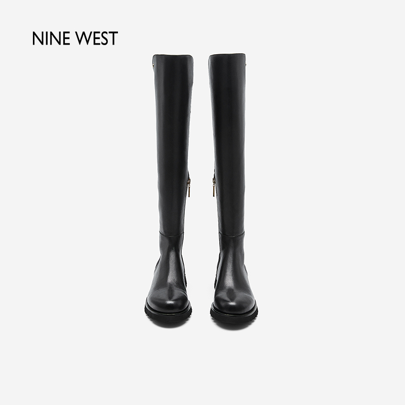 Nine West/玖熙女鞋冬季清仓款平跟长筒靴女圆头羊皮舒适骑士靴子 - 图1