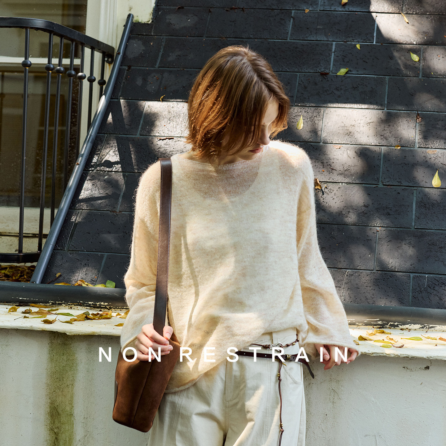 NON RESTRAIN慵懒风宽松马海毛卷边毛衣女简约微透长袖羊毛针织衫,淘宝优惠券,粉丝福利购,淘宝优惠卷