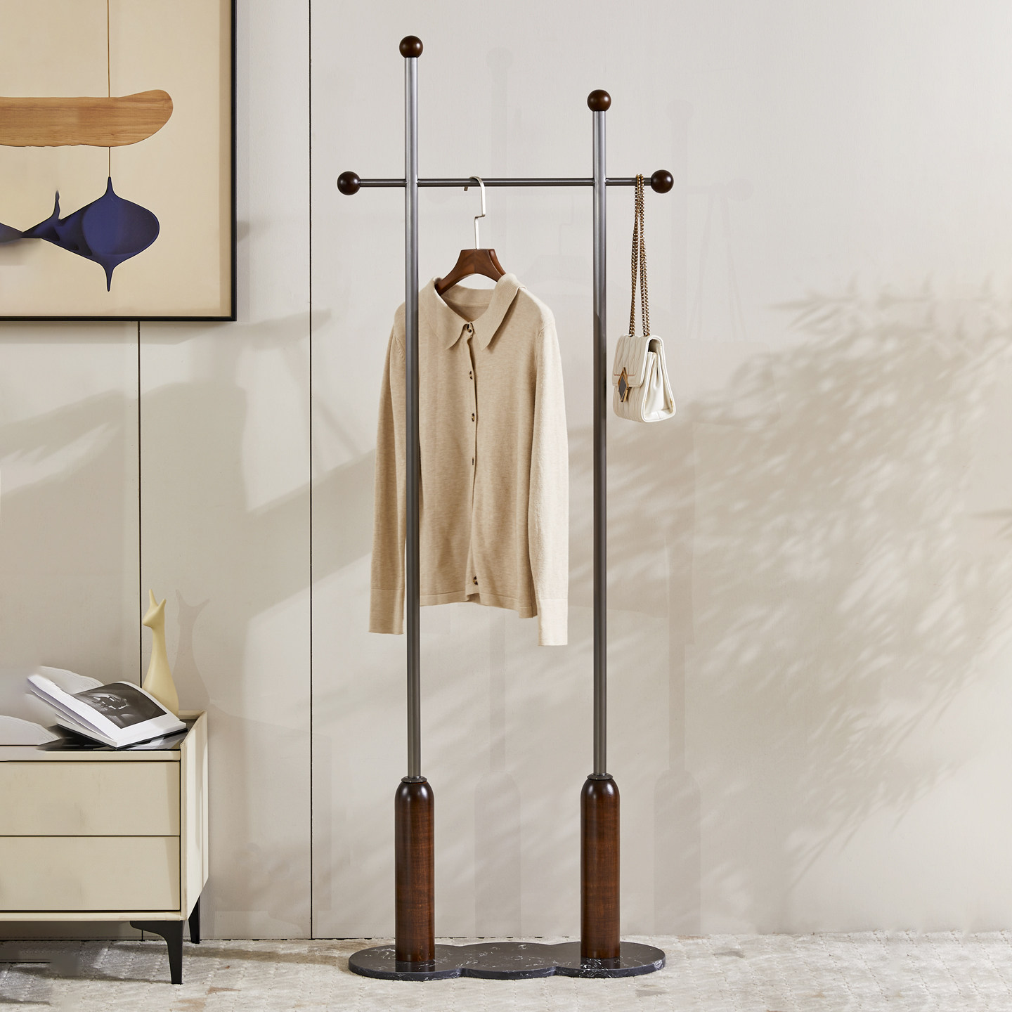 落地挂衣架卧室立式中古风衣服架子不锈钢衣帽架家用转角入户衣架 - 图1