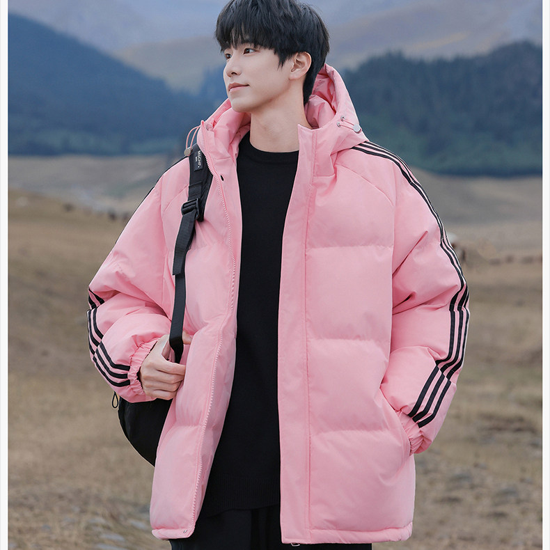 西域骆驼美式新年红条纹连帽棉服情侣款