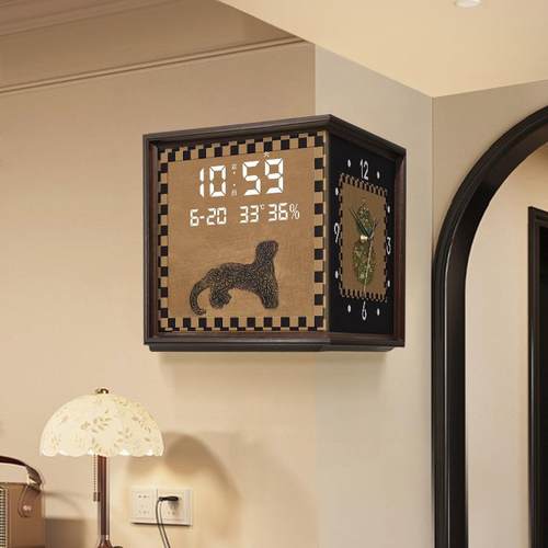 中古风金钱豹转角时钟双面挂钟创意葫芦拐角钟表复古万年历电子钟 - 图0