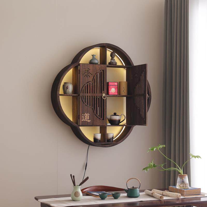 .Solid wood Duobao Pavilion wall book rack tea cup tea set storage rack Chinese retro lattice wall hanging display