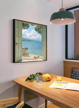 北欧风景餐厅高级感装饰画窗外大海景色正方形玄关柜挂画饭厅壁画