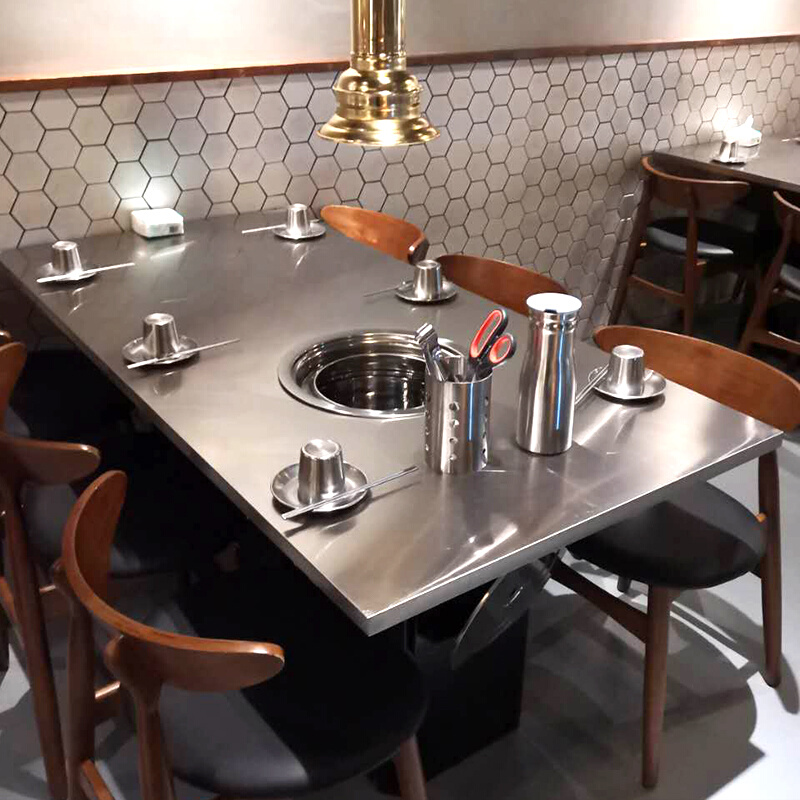 韩式烤肉桌商用烧烤桌子不锈钢圆形方形韩国料理店桌椅组合火锅桌 - 图0