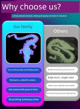 3d夜光龙摆件炫酷打印水晶中国龙关节彩虹创意夜光发亮玩具关节可