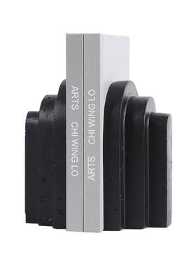 现代极简几何抽象书档黑白色仿洞石树脂材质样板间书靠书房摆件