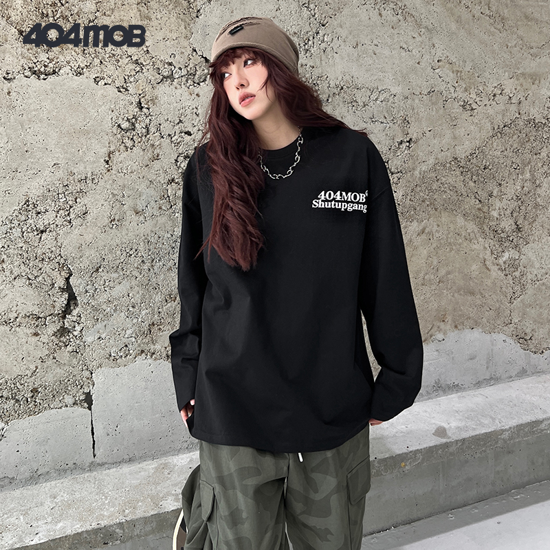 404MOB潮牌字母长袖T恤男女美式宽松重磅春秋情侣纯棉百搭打底衫 - 图0