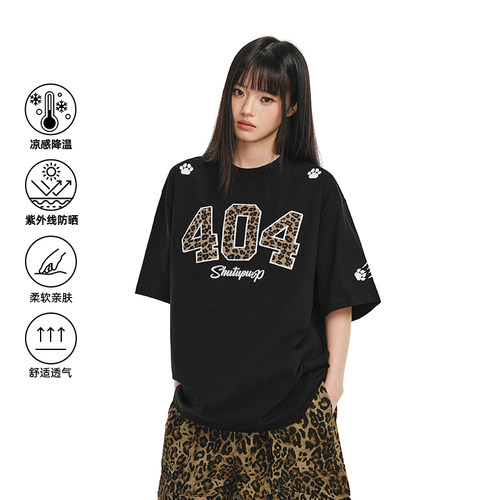 [章若楠同款]404MOB豹纹马毛刺绣美式复古短袖T恤男女凉感防晒潮T - 图0
