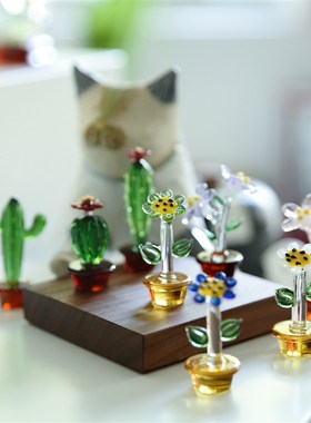 七隐 手工琉璃摆件车载小摆件玻璃花桌面装饰物小雏菊仙人掌花