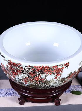 景德镇陶瓷鱼缸创意家居客厅圆形大龟缸金鱼缸睡莲荷花盆书房摆件