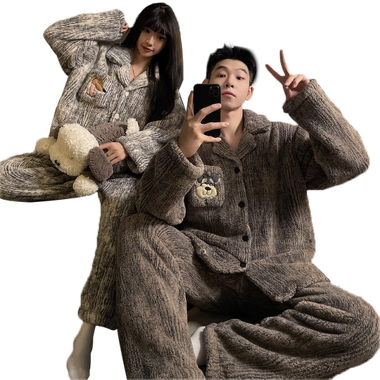 猫人法兰绒情侣睡衣男女款2025新款秋冬季加绒加厚可爱家居服套装