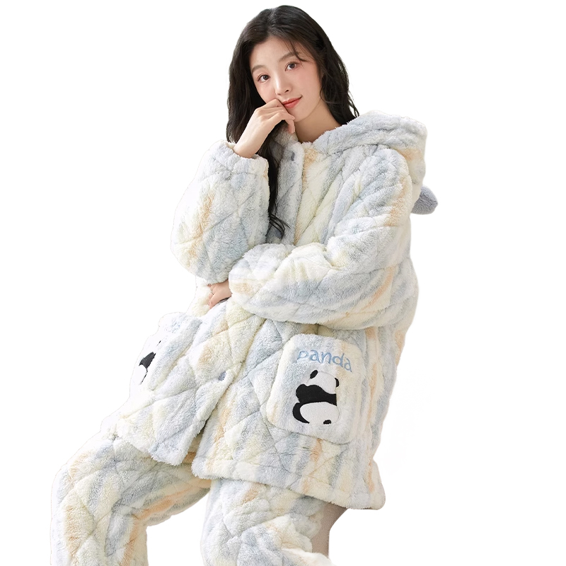 猫人珊瑚绒三层夹棉睡衣女冬2025新款法兰绒加厚加绒家居服可外穿