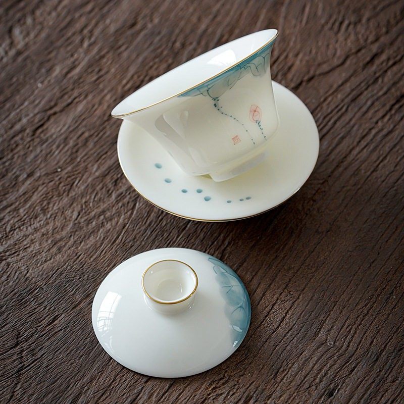 中国白羊脂玉三才茶盖碗茶杯手绘荷花白瓷功夫茶具套装手抓茶碗,淘宝优惠券,粉丝福利购,淘宝优惠卷