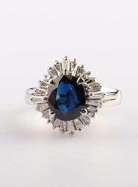 中古95新日本进口商品椭圆形切工蓝宝石钻石铂金900戒指58号