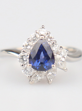 中古95新日本进口商品水滴形切工蓝宝石钻石戒指铂金90052号