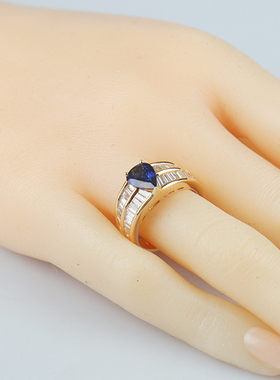 中古95新日本进口商品水滴型切工黄家蓝宝石钻石戒指K18黄金52号