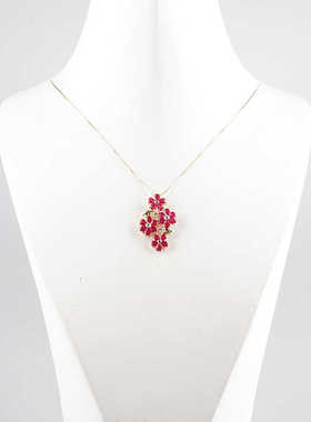 中古95新日本进口商品4个图案花形红宝石钻石K18黄金45cm项链