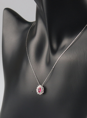 中古95新椭圆形切工红宝石钻石项链18K白金43-45cm