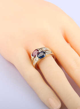 中古95新日本进口2颗椭圆形切工蓝宝石钻石K18黄金54号戒指