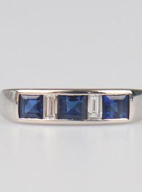 中古95新日本进口商品三颗方形切工蓝宝石钻石戒指铂金90056号