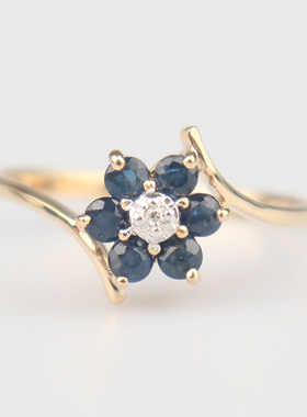 中古95新日本进口商品花形蓝宝石钻石戒指K18黄金55号