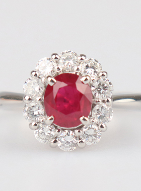 中古95新日本进口商品缅甸椭圆型切工红宝石钻石铂金90049号戒指