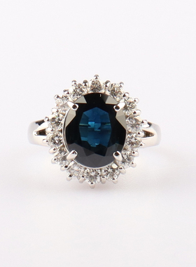 中古95新日本进口商品椭圆形切工蓝宝石钻石铂金850 52号戒指