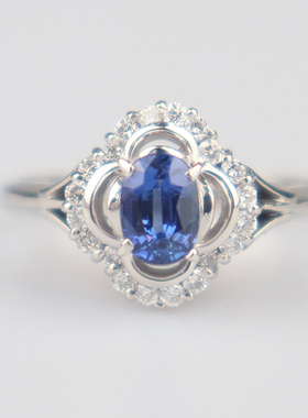 中古95新日本进口商品椭圆形切工蓝宝石钻石戒指铂金90054号