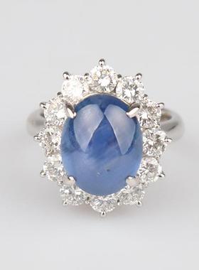 中古95新日本进口商品凸圆形星光蓝宝石钻石戒指铂金90050号戒指