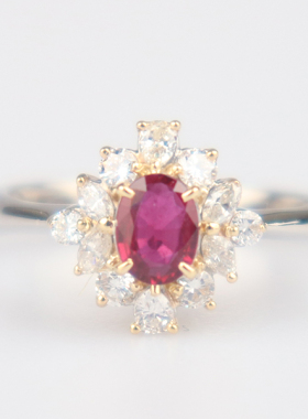 中古95新日本进口商品椭圆型切工红宝石钻石戒指PT900/K18YG50号