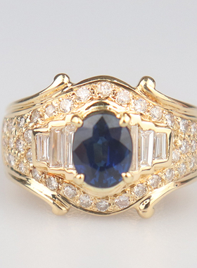 中古95新日本进口商品椭圆形切工群镶钻石戒指K18黄金52号