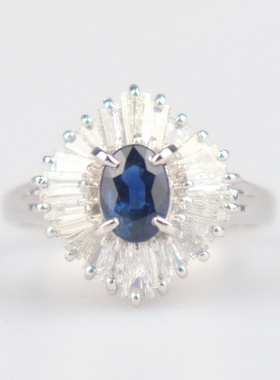 中古95新日本进口商品椭圆型切工蓝宝石钻石戒指铂金90052号