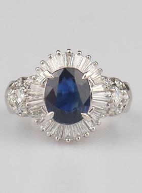 中古95新日本进口商品椭圆形切工蓝宝石群镶钻石戒指铂金90051号