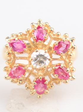 中古95新日本进口商品花型红宝石钻石戒指K18黄金52号