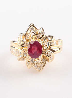 中古95新日本进口椭圆形切工钻石红宝石K18黄金48号戒指