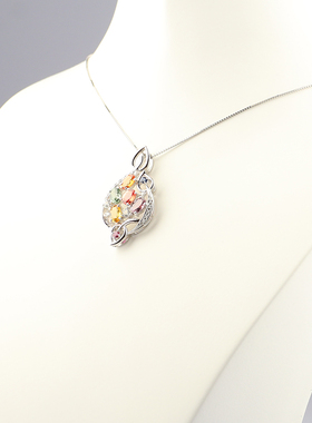 中古95新日本进口商品多彩色蓝宝石群镶钻石PT900/PT850项链45cm