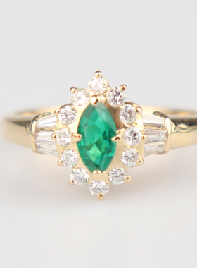 中古95新日本进口商品马眼形切工祖母绿钻石K18黄金50号戒指