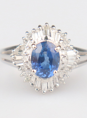 中古95新日本进口商品椭圆形切工蓝宝石钻石戒指铂金90050号