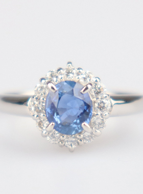 中古95新日本进口商品椭圆形切工蓝宝石钻石戒指铂金85056号