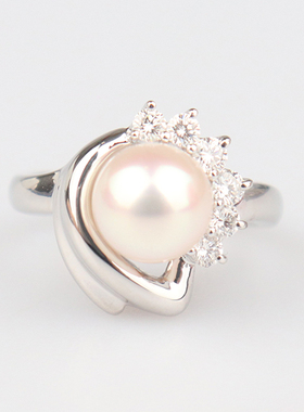 中古95新POLA宝丽海水珍珠钻石戒指铂金90049号