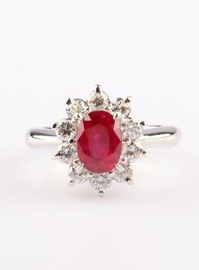 中古95新日本进口商品椭圆形切工红宝石钻石铂金900戒指51号