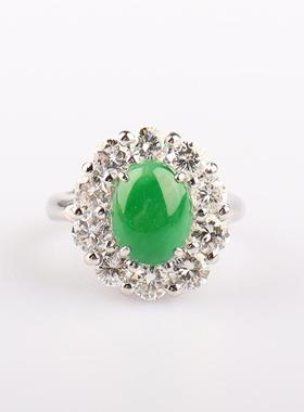 中古95新日本进口商品凸圆形切工翡翠钻石铂金900戒指51号