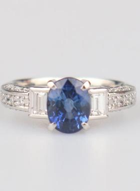 中古95新日本进口商品椭圆形切工蓝宝石钻石戒指铂金90052号